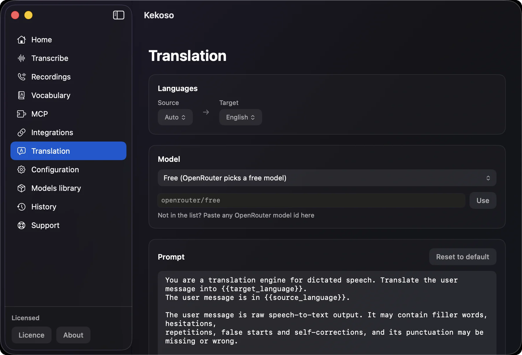 Kekoso’s Translation screen: source language on Auto, target English, a free OpenRouter model selected and the editable prompt